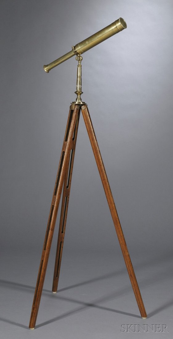 2 1/4-inch Telescope and Tripod, France, c. 1900,: 2 1/4-inch Telescope and Tripod, France, c. 1900, unmarked four-draw brass tube with shutter dust cover on eyepiece and brass cover on objective end, oak tripod and brass holder, lg. of tube extended 