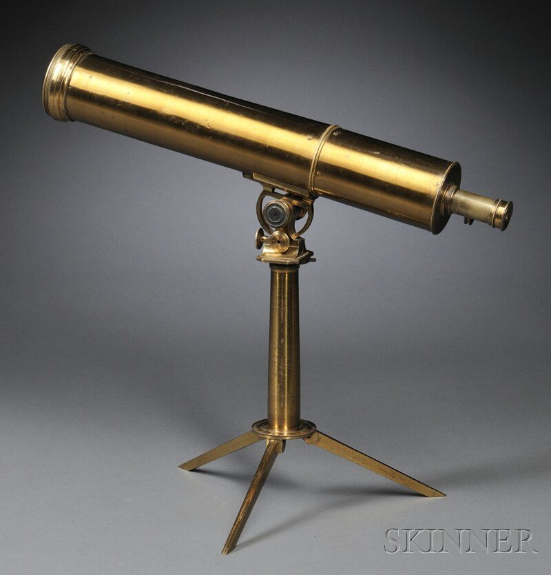 Ramsden Brass Reflecting Telescope, London, late 1: Ramsden Brass Refracting Telescope, London, late 18th century, inscribed Ramsden London at eyepiece end, rack-and-pinion fine focusing adjuster, 2-in. subject lens and 7/8-in. single-draw tube, two ad