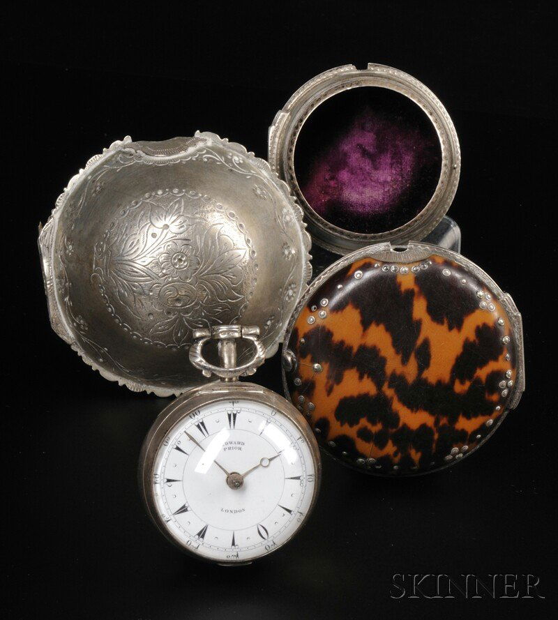 Edward Prior Triple Case Watch for the Turkish Mar: Edward Prior Triple Case Watch for the Turkish Market, London, No. 70344, late 18th century, the outer punch decorated silver case opens to reveal the tortoise shell case with engraved silver band and
