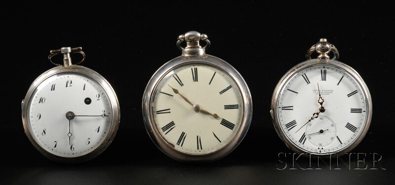 Three Silver Open Face Watches, 19th Century, the: Three Silver Open Face Watches, 19th Century, the first a pair case watch with cream colored Roman numeral dial, gold hands, swing out movement with dust cover opening to reveal a full plate gilt fuse