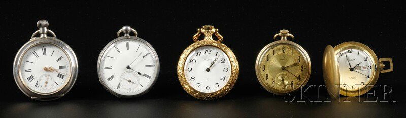 Group of Five Modern and Other Swiss Watches, incl: Group of Five Modern and Other Swiss Watches, including two silver cased, one with crown wind and set, the other, key wind, an Omega in a gold filled case and two modern watches, one with reposse case