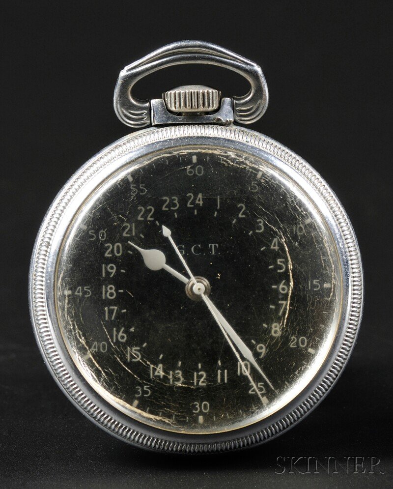 Hamilton U.S. Navy 22 Jewel Model 4992B Open Face: Hamilton U.S. Navy 22 Jewel Model 4992B Open Face Watch, Hamilton Watch Company, Lancaster, Pennsylvania, No. 40439, c. 1945, black 24-hour dial with inner hours, outer minutes and marked G.C.T., stem