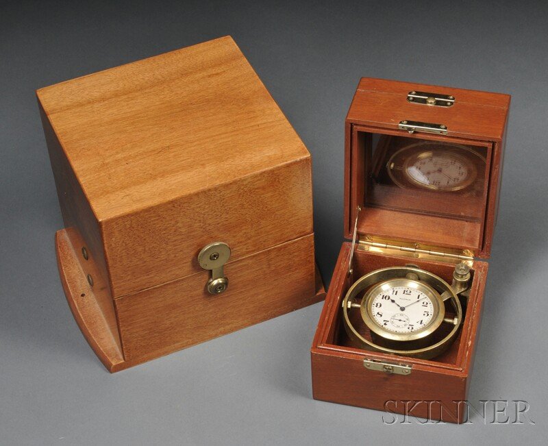 Waltham Boxed Deck Watch, Waltham Watch Company, 2: Waltham Boxed Deck Watch, Waltham Watch Company, 2-in. dia. silvered Arabic numeral dial inscribed Waltham with blued steel hands and seconds subsidiary dial, stem-wind, stem-set lever escapement move