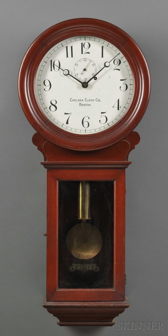 Cherry #3 Wall Regulator by Chelsea, Boston, Massa: Cherry #3 Wall Regulator by Chelsea, Boston, Massachusetts, cherry case with turned bezel over the 13 1/4-in. dia. painted zinc dial with Arabic numerals and inscribed Chelsea Clock Co., Boston. eight