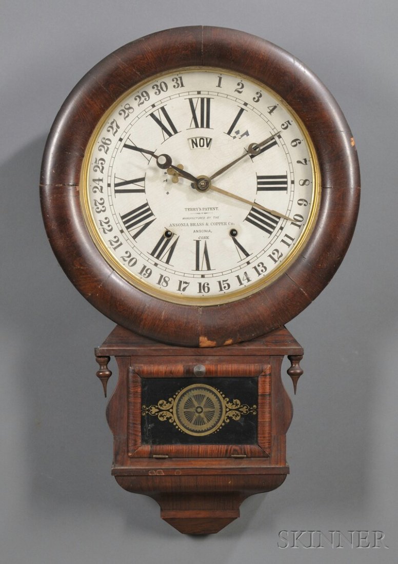 Rosewood Ansonia Brass and Copper Co. Calendar Clo: Rosewood Ansonia Brass and Copper Co. Calendar Clock, Ansonia, Connecticut, the painted zinc dial with Roman numerals and marked Terry's Patent-Manufactured by the Ansonia Brass and Copper Co., Ansoni