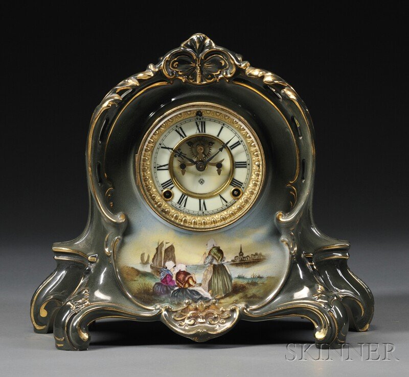 Ansonia China Clock, Brooklyn, New York, c. 1890,: Ansonia China Clock, Brooklyn, New York, c. 1890, the green and gilt Royal Bonn china case with Dutch water scene below the dial, enameled dial with Roman numerals and Brocot escapement, eight-day tim