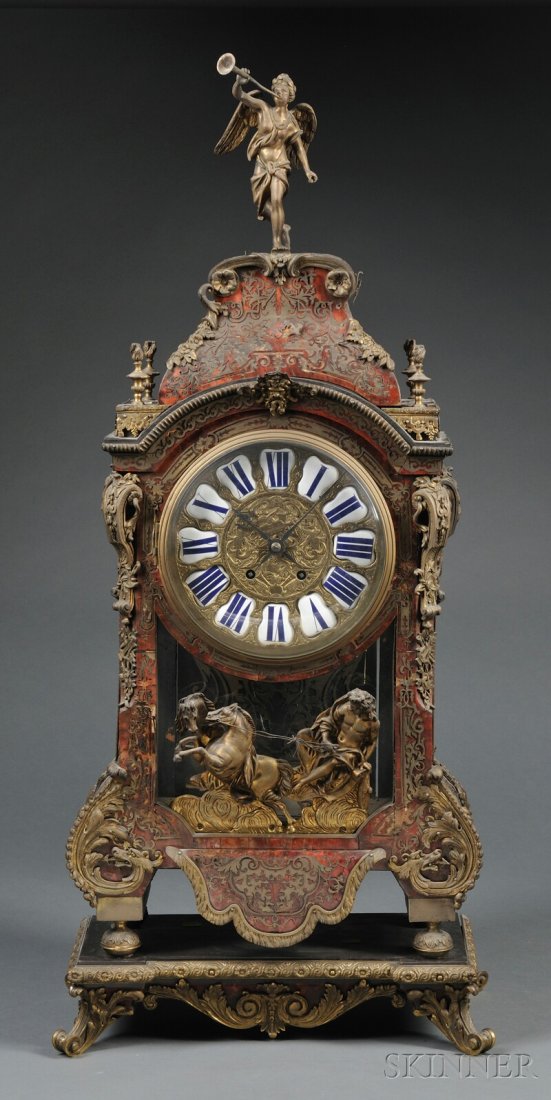 French Boulle and Ormolu Bracket Clock, c. 1870, t: French Boulle and Ormolu Bracket Clock, c. 1870, the finely chased brass dial set with twelve blue enameled Roman numerals and cut steel hands set in an oak case with red boulle and inlaid brass, the