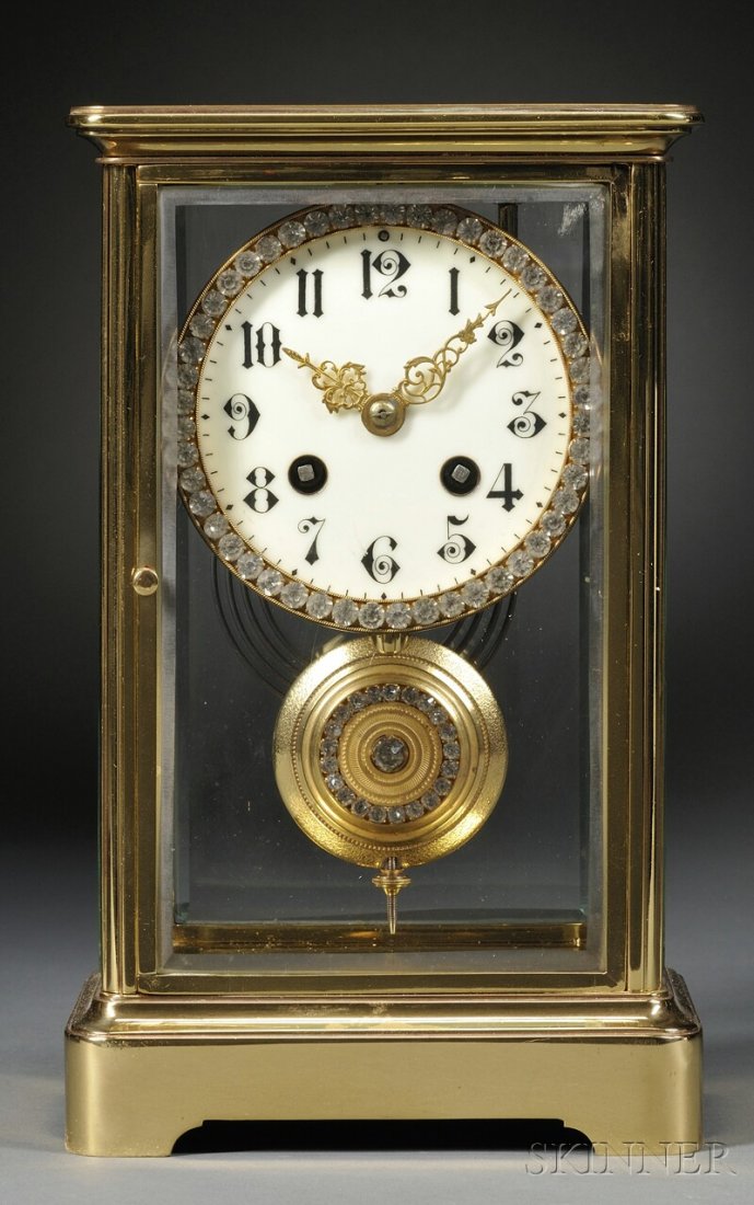 French Crystal Regulator, c. 1890, brass and bevel: French Crystal Regulator, c. 1890, brass and beveled glass case with 3 1/2-in. dia. enameled Arabic numeral dial with paste stones around the perimeter, eight-day time and strike movement with circula