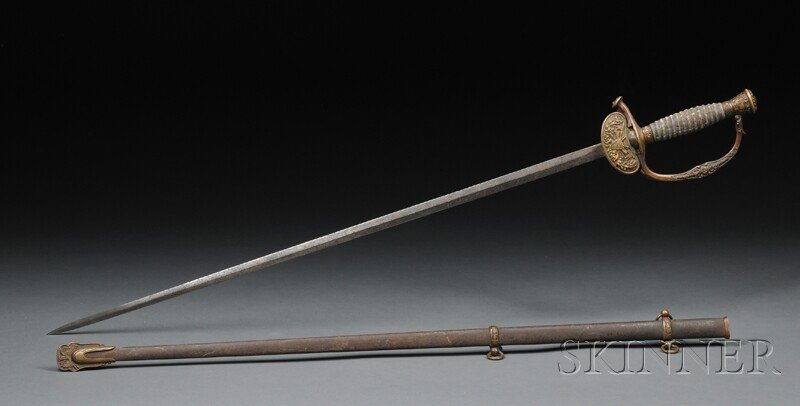 Civil War Staff and Field Officer Sword, Ames, Chi: Civil War Staff and Field Officer Sword, Ames, Chicopee, Massachusetts, mid-19th century, with folding brass guard cast with shield and trophies and American eagle, shagreen grip, faint inscription Ca