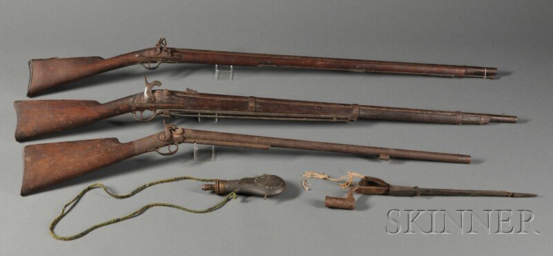 Group Collectible Arms Including Two Muskets and a: Group Collectible Arms Including Two Muskets and a Fowler, first half 19th century, including a rifled musket model 1861, contract by Savage, Middletown, Connecticut, lg. 56 in.; a flint lock musket d