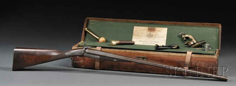William Powell & Son Side-by-Side Shotgun with Cas: William Powell & Son Side-by-Side Shotgun with Case, Birmingham, England, c. 1870, walnut stock with checkering, case hardened locks, marked Henry R Grant between barrels, serial no. 5090 on trigger g
