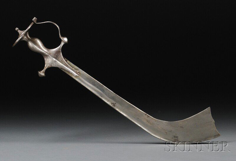 Kora Sword, inward curving hooked blade, tulwar-st: Kora Sword, inward curving hooked blade, tulwar-style shaped hilt with finial pommel, and leather clad scabbard, lg. 22 1/2 in. Provenance: Higgins Armory Museum, Worcester, Massachusetts.