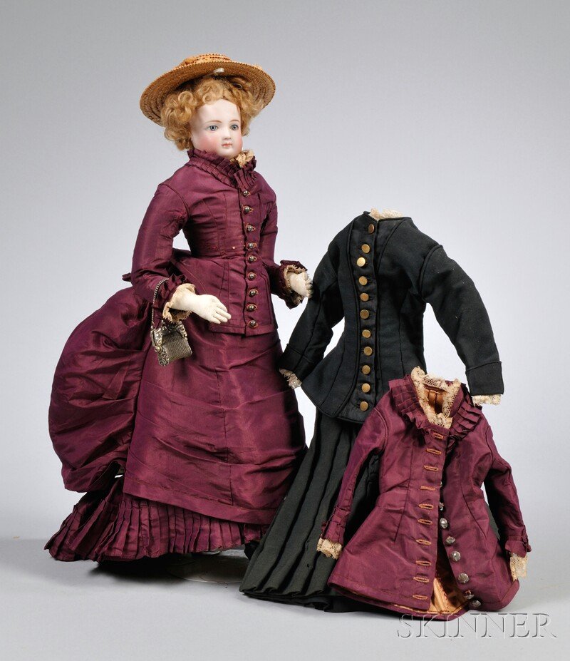 French Fashion Lady Doll with Extra Outfit, probabl: French Fashion Lady Doll with Extra Outfit, probably Jumeau, blue lined eyes, pierced-in ears, incised 4 at base of neck, gusseted kid body in strong condition, wired fingers, original blonde mohair w