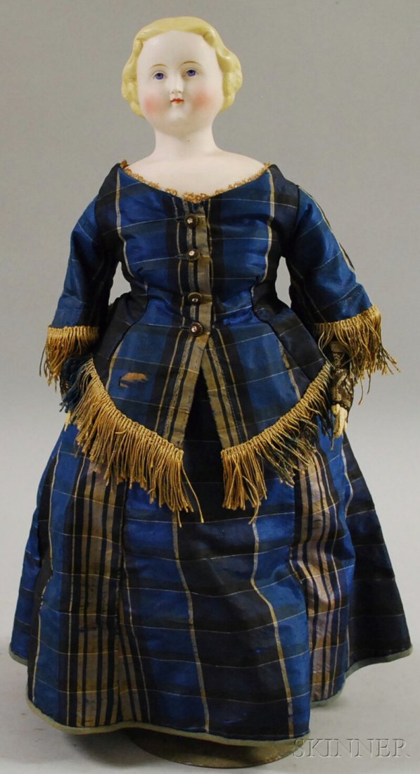 Blonde Parian Lady Doll, Germany, short hairstyle w: Blonde Parian Lady Doll, Germany, short hairstyle with curls around head, cloth body, kid arms, blue plaid taffeta dress, ht. 20 in.