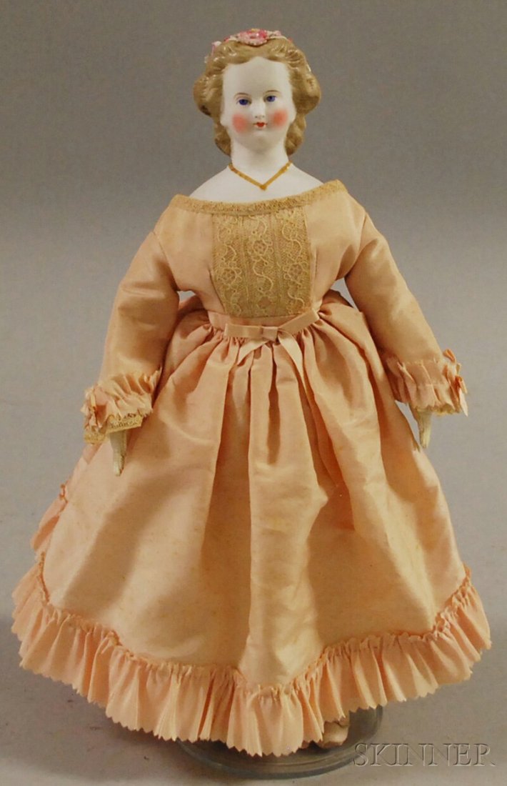 Small Ash Blonde Parian with Necklace and Applied F: Small Ash Blonde Parian with Necklace and Applied Flowers, long curls down back, cloth body, new leather arms with finely stitched fingers, ht. 12 1/2 in.