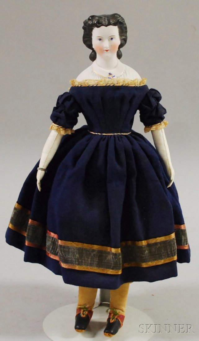 Black-haired Parian Lady Doll, Germany, hair falls : Black-haired Parian Lady Doll, Germany, hair falls low on back of neck, molded snood, brush strokes sides of face, white blouse with tie, cloth body, kid arms, dark blue wool dress, old black and red 