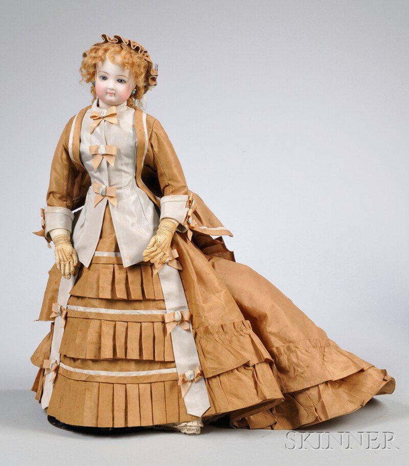French Fashion Lady Doll, probably Jumeau, closed m: French Fashion Lady Doll, probably Jumeau, closed mouth, blue lined eyes, pierced-in ears, gusseted kid body, snugly fitting leather gloves, curly blonde mohair wig, bronze taffeta and gray-blue two-p