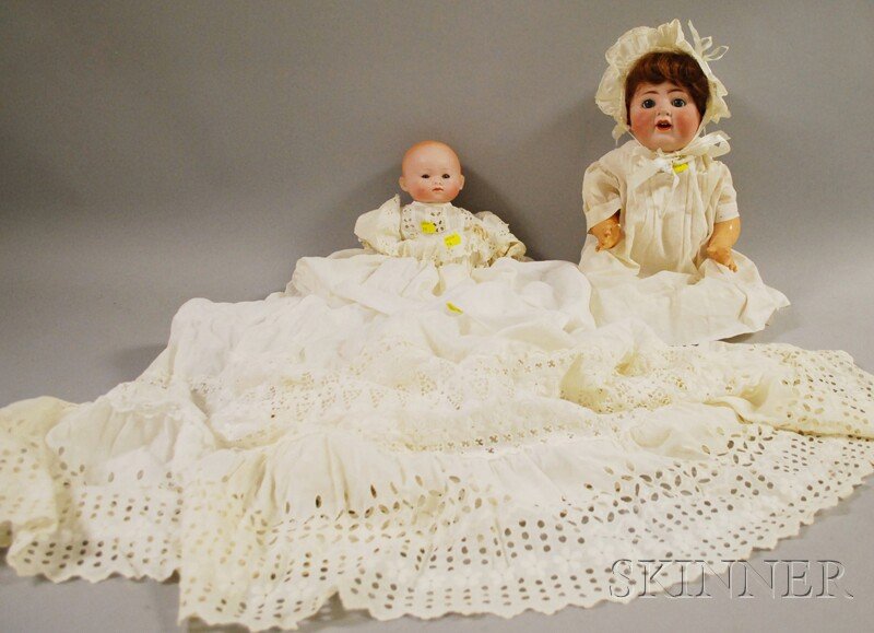 Two German Bisque Head Baby Dolls, Herm Steiner, c: Two German Bisque Head Baby Dolls, Herm Steiner, closed mouth, cloth body, lg. 12; ABG 1352 socket head baby, open mouth, lg. 16 in.