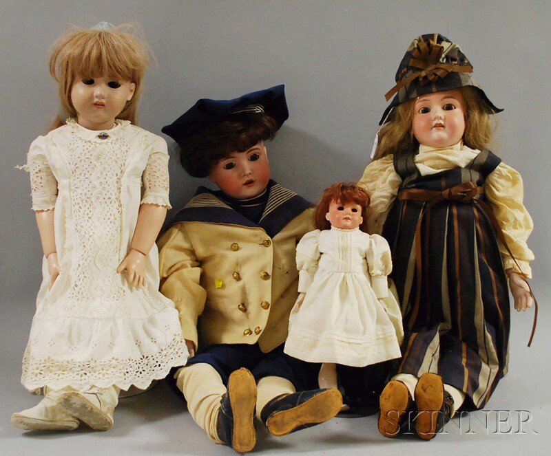 Four German Bisque Head Dolls, all on new bodies, : Four German Bisque Head Dolls, all on new bodies, all with restoration, a Kestner 171 16 1/2, ht. 33; one small and two large A.M 390 dolls, ht. 15, 30 in.
