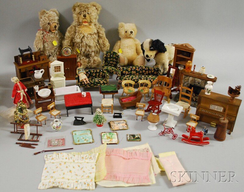 Four Steiff Mohair Animals and a Lot of Dollhouse: Four Steiff Mohair Animals and a Lot of Dollhouse Furniture and Accessories, mid-20th century, one jointed pale blonde bear, and two jointed Teddy Babies, ht. 9-11; cocker spaniel with jointed neck, l