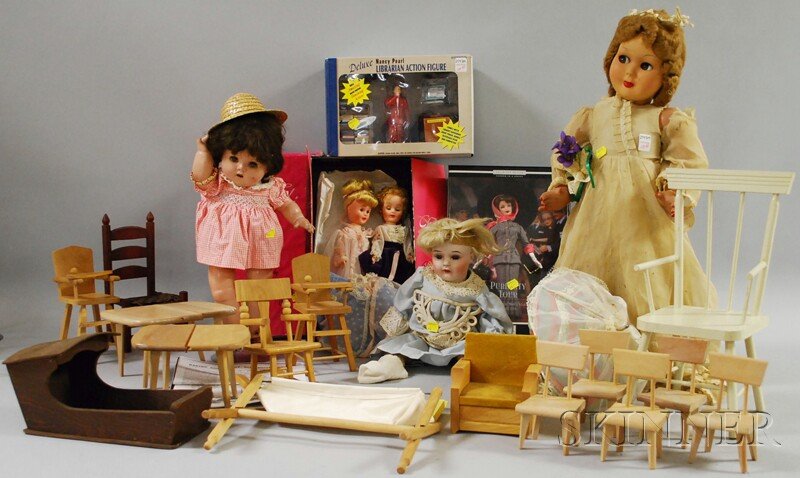Group of Miscellaneous Dolls and Doll Furniture, a: Group of Miscellaneous Dolls and Doll Furniture, a bisque head doll with closed mouth on a very heavy jointed composition body; Ideal composition doll; Italian hard plastic doll with flirty eyes, ht.