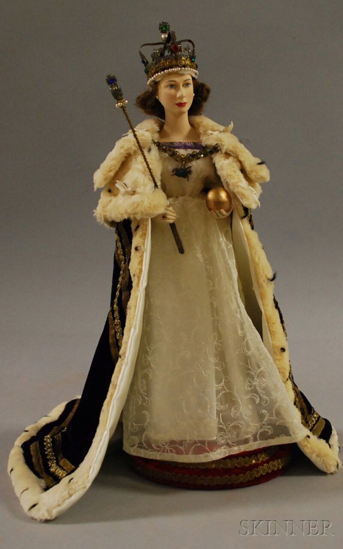 Queen Elizabeth II Artist Doll in Coronation Robe: Queen Elizabeth II Artist Doll in Coronation Robe, maker unknown, no discernable marks, faithful likeness of Elizabeth at her June 1953 coronation, soft paste or ceramic figure, arms bent holding orb 