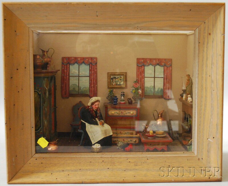 "A Glimpse of Normandy" Diorama, depicting an old : "A Glimpse of Normandy" Diorama, depicting an old woman seated in her parlor cat on floor, furnishing and details, paper label on back "A Glimpse of Normandy narcissa thorne," overall 14 x 9 x 17 in.