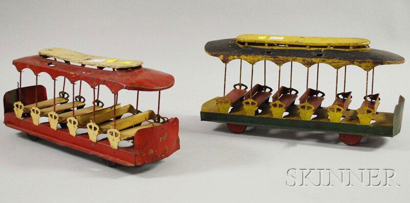 Two Converse Attributed Painted Sheet Iron Trolley: Two Converse Attributed Painted Sheet Iron Trolley Cars, including a "City Hall Park" car, (some later paint and paint loss, imperfections).