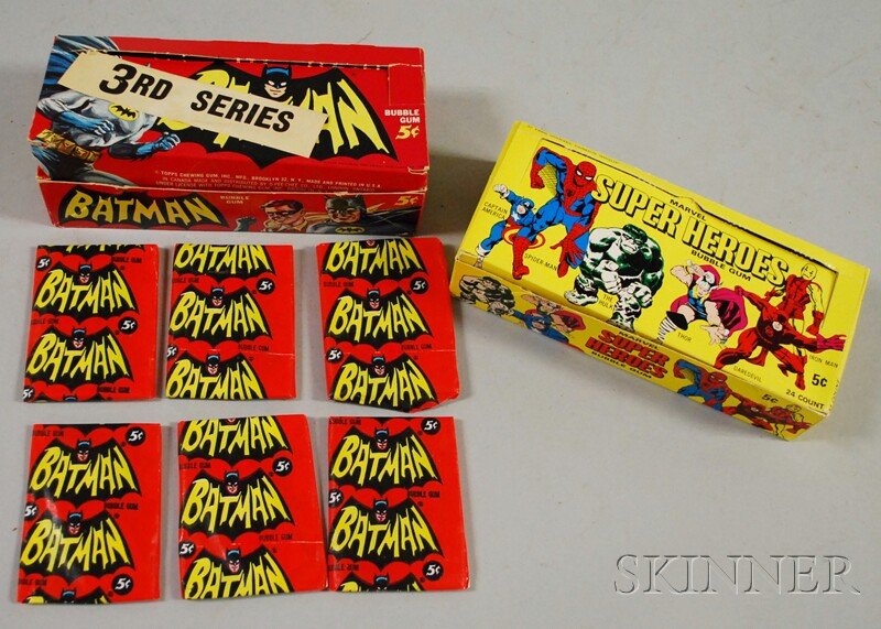 1966 Topps Batman Television Gum Cards, 3rd series: 1966 Topps Batman Television Gum Cards, 3rd series, twenty-two sealed packs in original box; sold with a Donruss Marvel Super Heroes gum cards empty box.