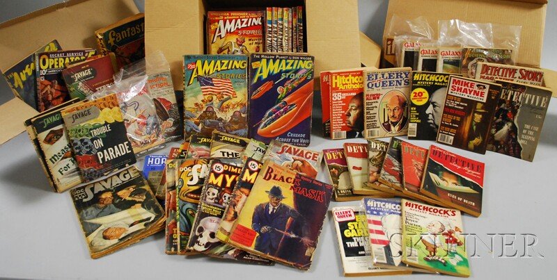 Approximately Sixty 1930s-50s Science Fiction and : Approximately Sixty 1930s-50s Science Fiction and Detective Pulp Magazines, including nineteen Amazing Stories, fifteen Doc Savage, and eight Detective Story, (varying wear and imperfections