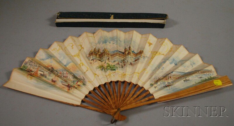 Chicago World's Columbian Exposition Views Lithogr: Chicago World's Columbian Exposition Views Lithograph Paper Hand Fan, John W. Green, 1892, with wood sticks, lg. 13 in.