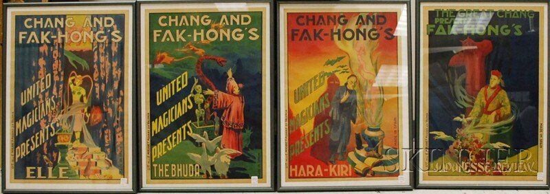 Set of Four Lithograph Chang and Fak-Hong's United: Set of Four Lithograph Chang and Fak-Hong's United Magicians Presents Posters, "ELLE," "HARA-KIRI," "JAPANESSE REVIEW," and "THE BHUDA," printed in Spain, framed, posters 24 1/2 x 16 3/4 in.