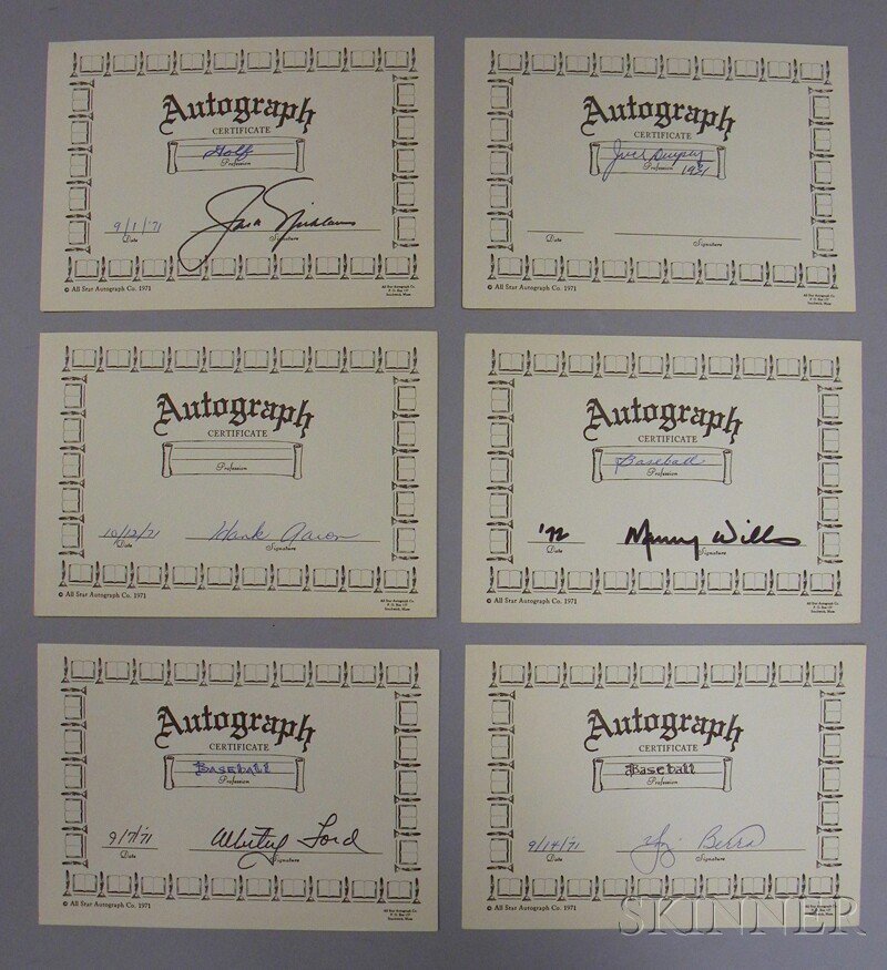 Four Professional Athlete Autographs, c. 1971, bas: Four Professional Athlete Autographs, c. 1971, baseball players Hank Aaron, Maury Wills, Whitey Ford, and Yogi Berra, boxer Jack Dempsey, and golfer Jack Nicklaus, on autograph certificates.