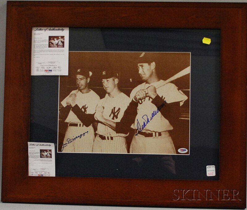 Joe DiMaggio and Ted Williams Autographed Photogra: Joe DiMaggio and Ted Williams Autographed Photograph, in blue marker, framed, sight size 10 1/2 x 13 1/2 in., with PSA/DNA letter of authenticity and attached sticker I96841.