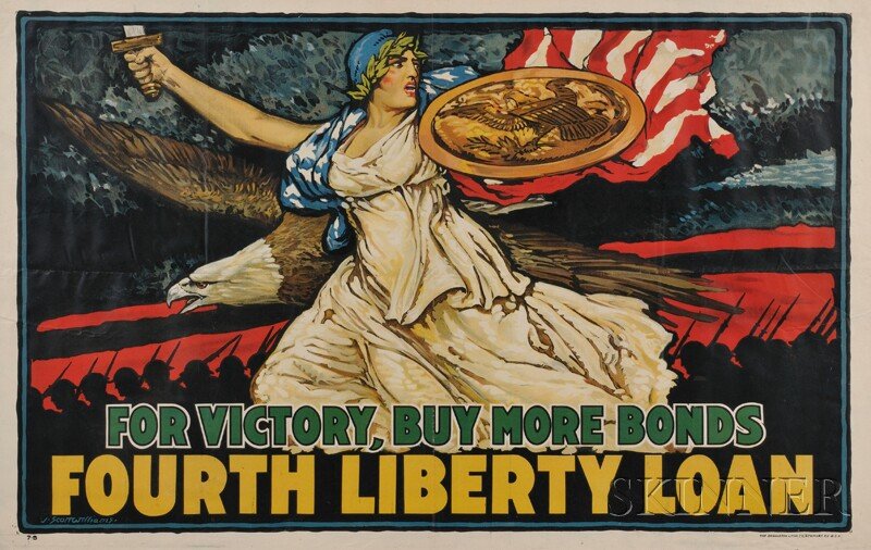 J. Scott Williams WWI Lithograph For Victory, Buy : J. Scott Williams WWI Lithograph For Victory, Buy More Bonds Poster, 36 x 56 in. Provenance: Sold to benefit the Temple Beth Israel and St. James Catholic Church, both of Danielson, Connecticut.