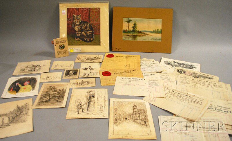 Seventy-eight Pieces of C. 1900 Billhead and Fift: Seventy-eight Pieces of C. 1900 Billhead and Fifteen Small Sketches and Watercolors, the billhead for Boston area businesses in produce, tobacco, fountain, imported food, notions, and Italian products
