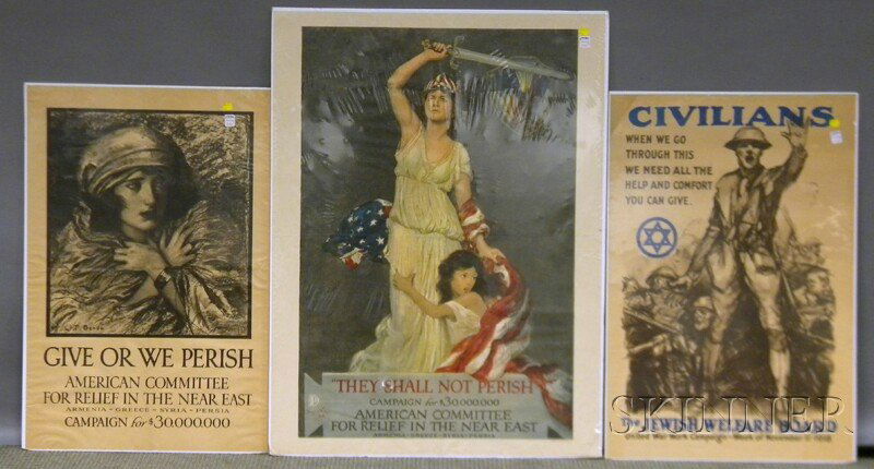 Three WWI Lithograph Posters, Douglas Volk, They S: Three WWI Lithograph Posters, Douglas Volk, They Shall Not Perish, 40 x 30; W.T. Benda, Give or We Perish, 33 x 22; and Sidney Riesenberg, Civilians, 33 x 22 in. Provenance: Sold to