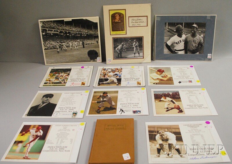 Group of Assorted Baseball Collectibles, a 1950s B: Group of Assorted Baseball Collectibles, a 1950s Brooklyn Dodgers at Ebbets Field photograph, a photograph of players Red Sox Jim Rice and Milwaukee Brewers Hank Aaron, a Travis Jackson cut autograph,