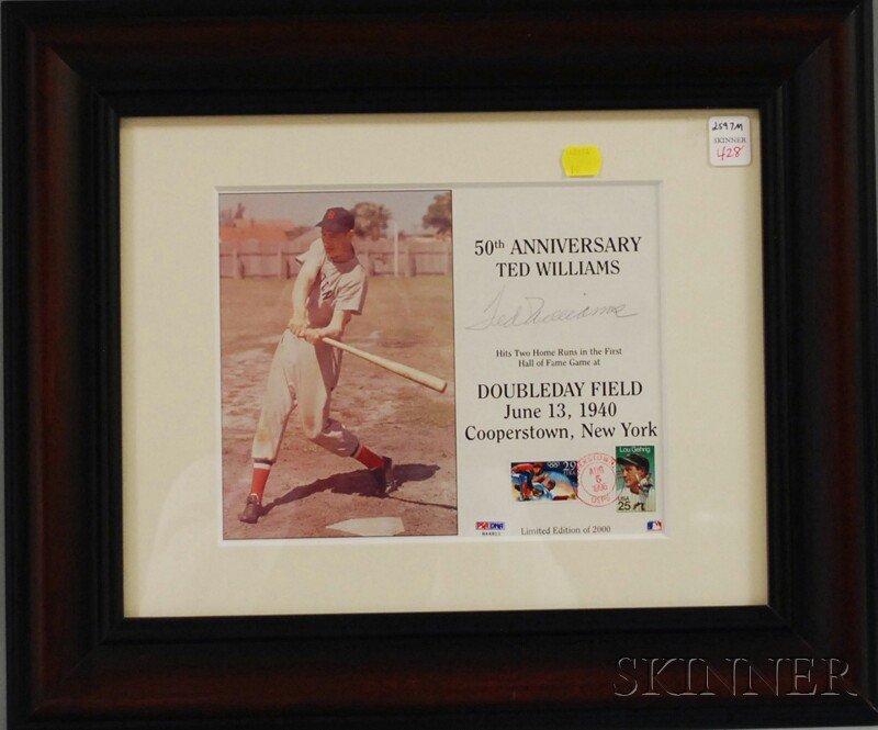 Ted Williams Autographed Photograph, in black ink,: Ted Williams Autographed Photograph, in black ink, framed, sight size 7 1/2 x 9 1/2 in., 50th Anniversary Ted Williams, Doubleday Field June 13 1940 Cooperstown, New York, limited edition of 2000, wit