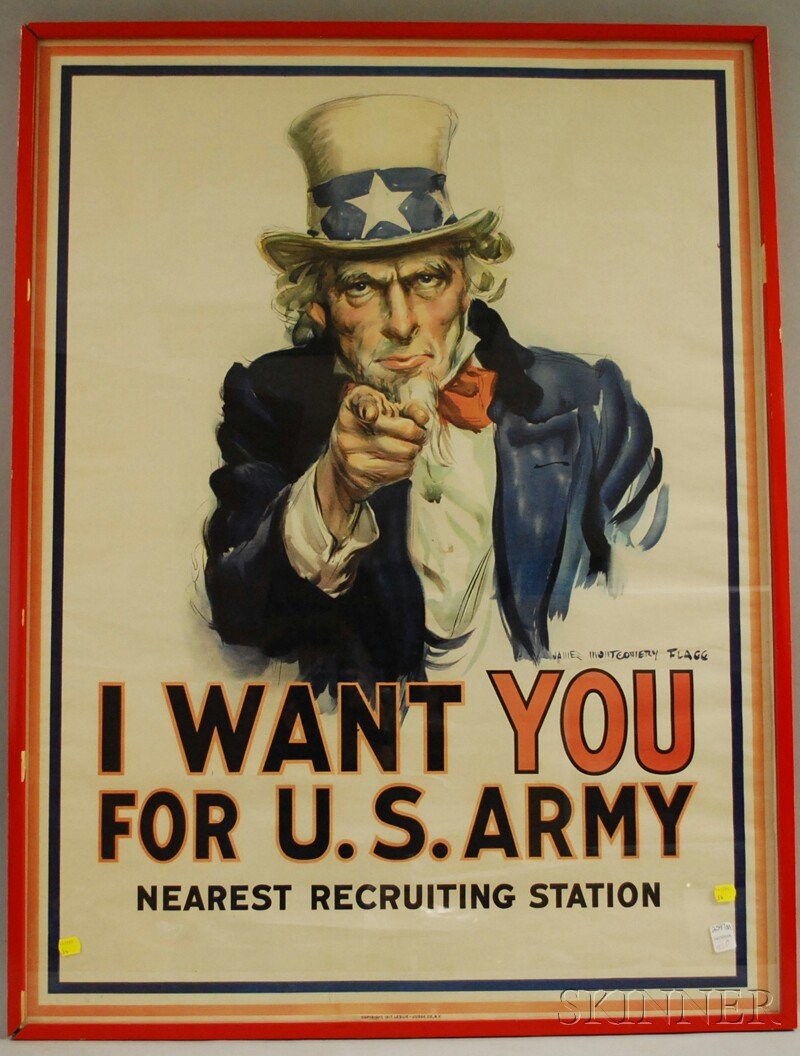 WWI James Montgomery Flagg Lithograph I Want You F: WWI James Montgomery Flagg Lithograph I Want You For U.S. Army Poster, framed, 9not examined out of frame, some fading, some paper rippling at right side), sight size 39 3/4 x 29 3/4 in.