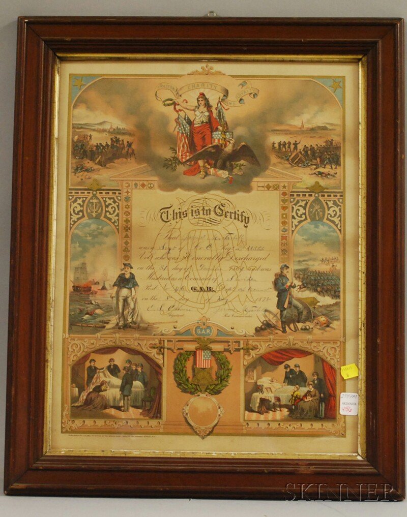 Walnut Framed Chromolithograph 1878 Vermont G.A.R.: Walnut Framed Chromolithograph 1878 Vermont G.A.R. Muster Certificate, printed by J.A. Joel, New York, issued to James M. Tarbell, Co. E, Regt. 2, U.S. Sharpshooter Vols., discharged December 31, 1864