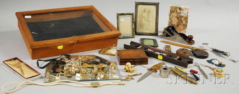 Group of Assorted Desk, Decorative, Collectible, a: Group of Assorted Desk, Decorative, Collectible, and Man's Accessory Items, including small table frames, a burl veneer cigarette box, a straight razor, ivory netsuke, a plane, level, Samson iron padl
