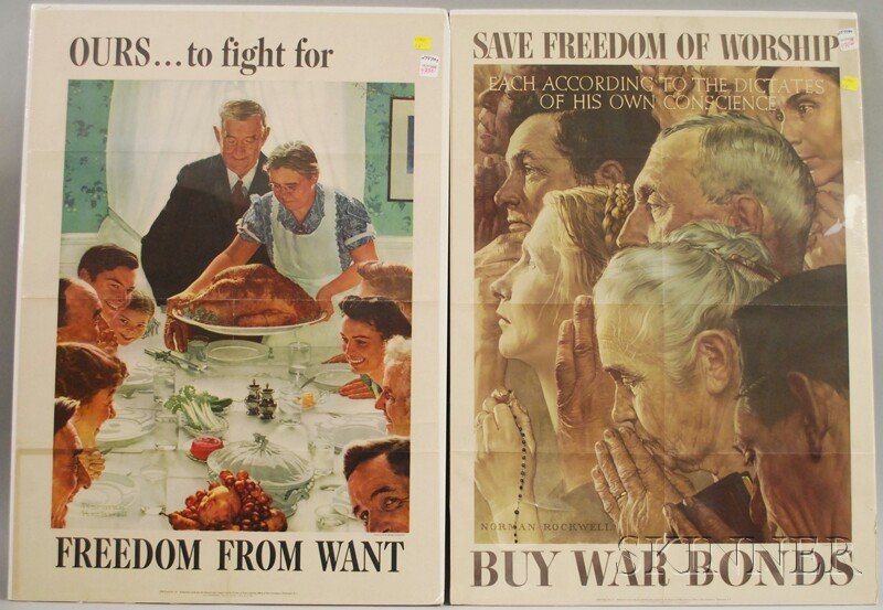 Two WWII Norman Rockwell Lithograph Freedoms Poste: Two WWII Norman Rockwell Lithograph Freedoms Posters, Save Freedom of Worship and Freedom of Want, 28 x 19 3/4 in.
