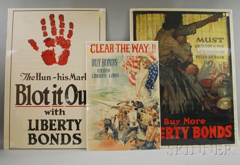 Three WWI Lithograph Posters, Howard Chandler Chri: Three WWI Lithograph Posters, Howard Chandler Christy, Clear-The -Way!!, 30 x 20; J. Allen St. John, The Hun-his Mark, Blot it Out, 40 x 28; and Henry Patrick Raleigh, Must Children Die and Mothers Pl