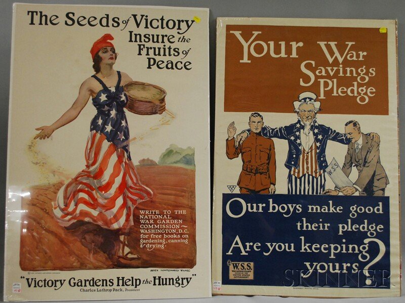Six WWI Lithograph Posters, James Montgomery Flagg: Six WWI Lithograph Posters, James Montgomery Flagg, Seeds of Victory, 33 1/4 x 22; John E. Sheridan "Hey Fellows!; Dan Smith, Knowledge Wins, 28 x 19 in.; David Stone Martin, Strong in th