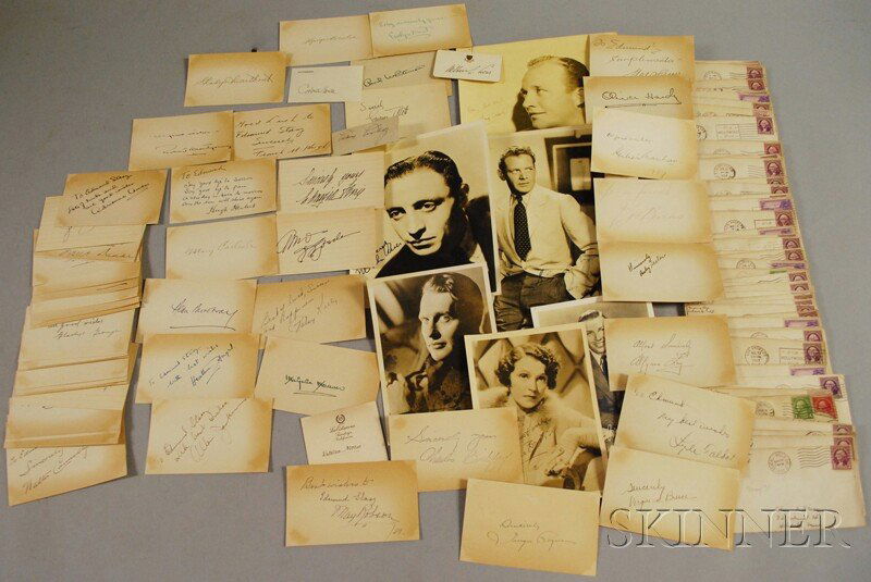 Collection of Movie and Entertainer Autographs, c.: Collection of Movie and Entertainer Autographs, c. 1930s, including Ginger Rogers, James Cagney, Irene Dunn, Edward G. Robinson, Bing Crosby, William Powell, Fanny Brice, Francis Farmer, Boris Karloff