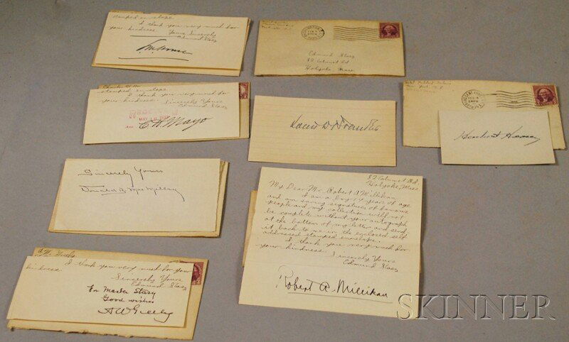 A.W. Greely, Donald MacMillan, Robert Millikan, C: A.W. Greely, Donald MacMillan, Robert Millikan, Charles H. Mayo, Edward M. House, Louis Brandeis, and Herbert Hoover Autographs, c. 1930s, on cards and cut, some with original stamped envelopes used b