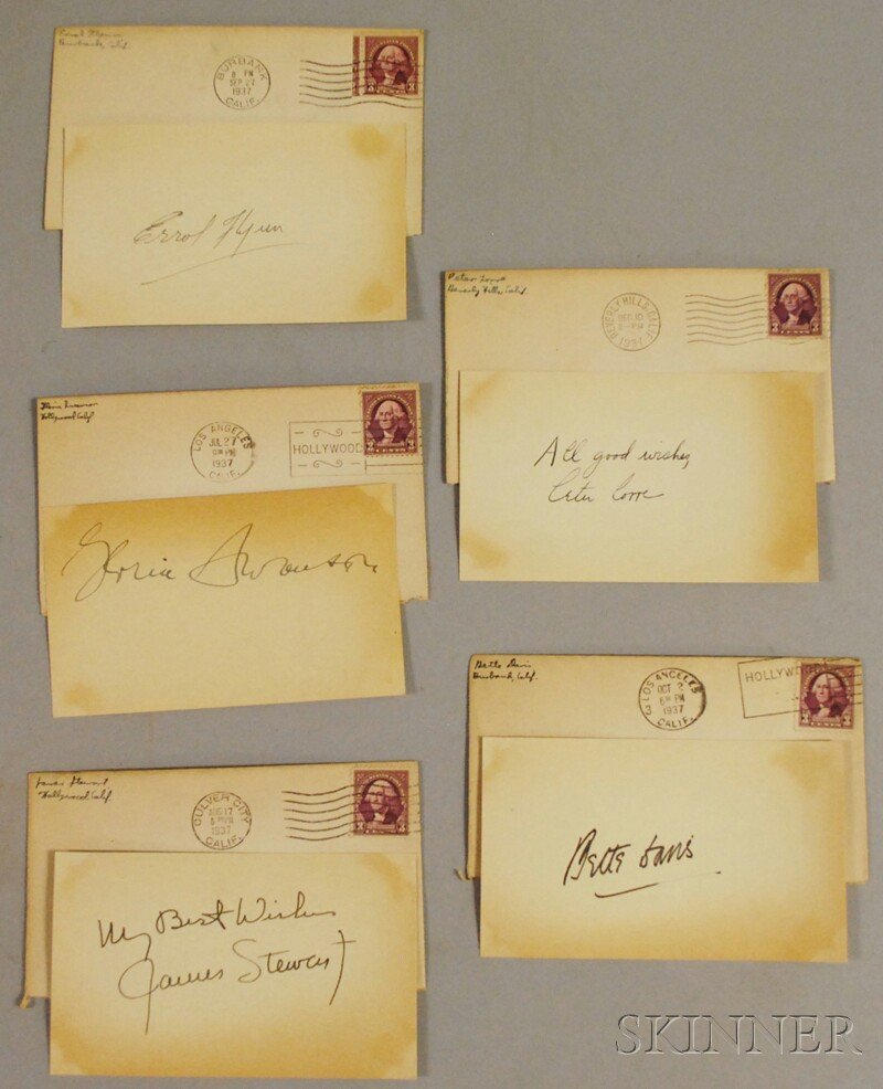 Errol Flynn, James Stewart, Bette Davis, Peter Lo: Errol Flynn, James Stewart, Bette Davis, Peter Lorre, and Gloria Swanson Autographs, c. 1930s, on cards and cut, with original stamped envelopes used by signers.