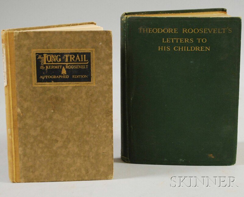 Teddy Roosevelt Family, Two Volumes: Theodore Roo: Teddy Roosevelt Family, Two Volumes: Theodore Roosevelt's Letters to His Children, 1919, signed "Teddy" dated 1919, publisher's green cloth, with illustrations on blue paper in text; bumped, shaken, r