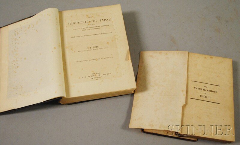 Rein, J.J. The Industries of Japan. New York: A.C.: Rein, J.J. The Industries of Japan. New York: A.C. Armstrong and Son, 1889. Decorative cloth binding, plates; lacking spine, sewing structure sprung. Together with Molina's Geographical, Natural and C